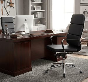 Avanti – Bonded Leather High Back Swivel Armchair with Individual Back Cushions and Chrome Arms & Base – Black