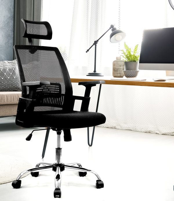 Alpha – High Back Mesh Chair with Headrest and Chrome Base – Black