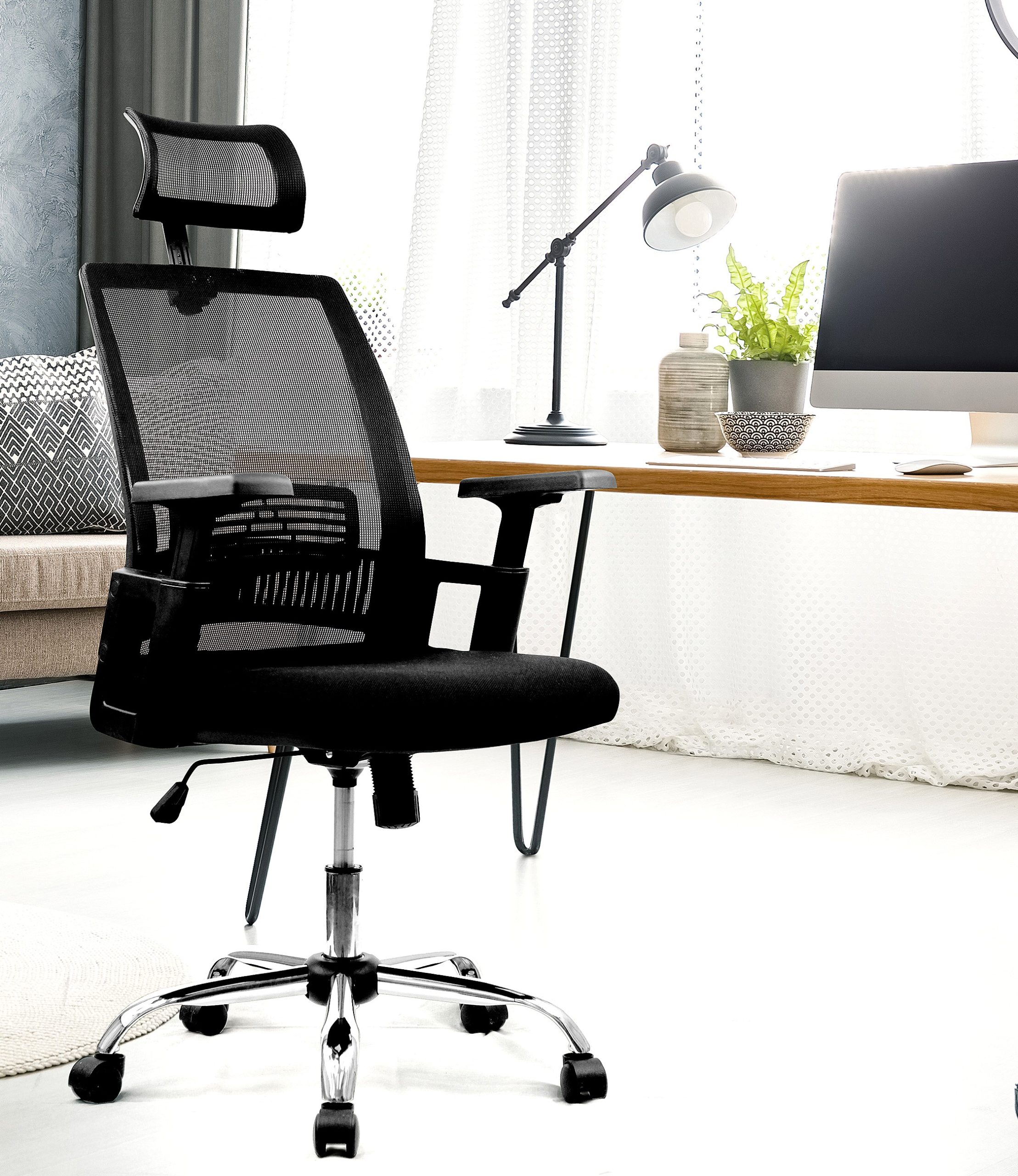 Alpha – High Back Mesh Chair with Headrest and Chrome Base – Black